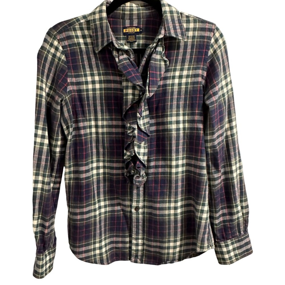 Ralph Lauren Rugby Size 6 Plaid Ruffle Neck Women's Button Down 100% Cotton Prep